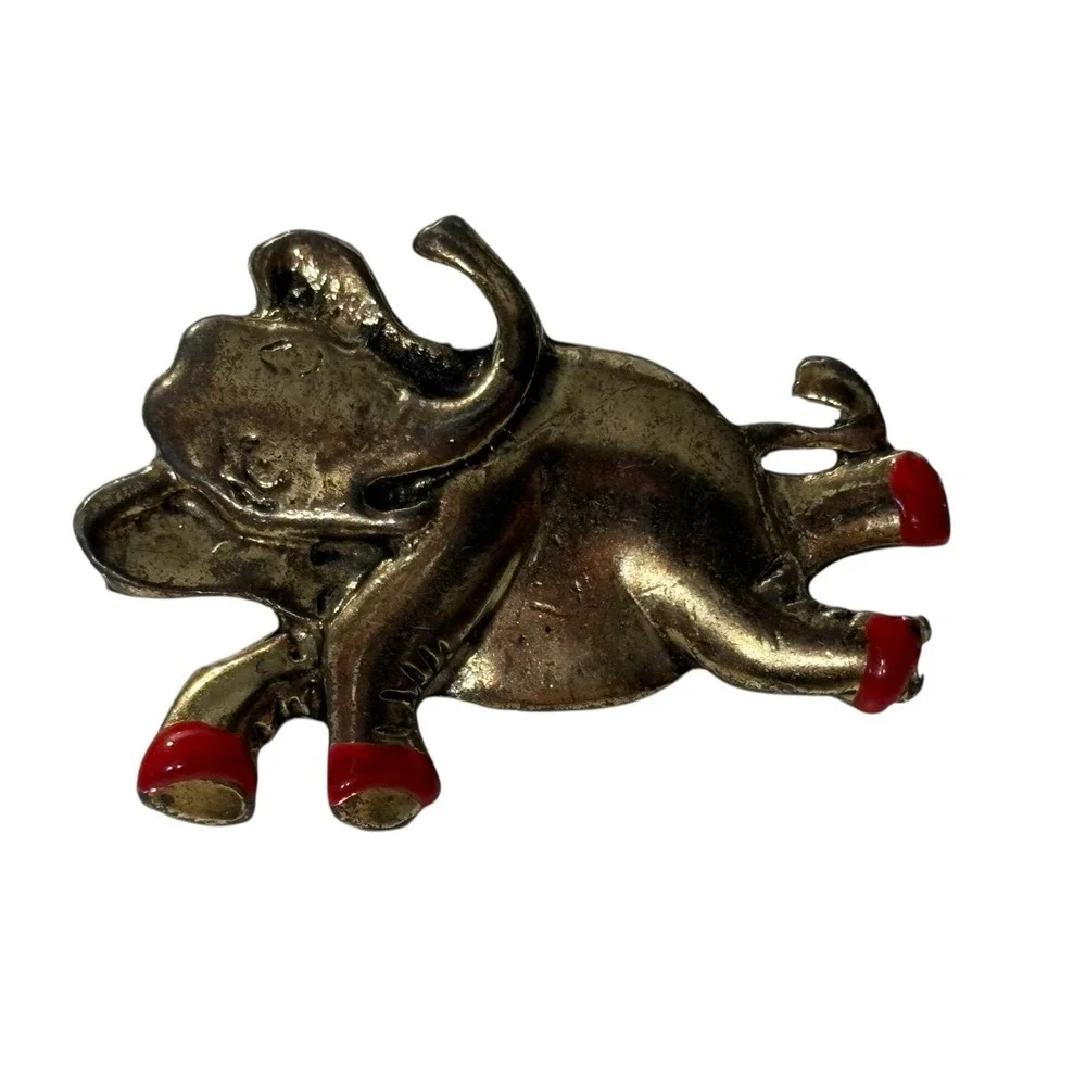 VTG Lazy Elephant Brooch Pin Gold Tone Red Enamel Shoes Figural Unique MCM Funny